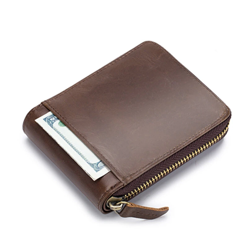 (image for) BULLCAPTAIN Men Short Wallet RFID Blocking Card Holder Cowhide Coin Purse Retro Genuine Leather Clutch Zipper Male Money Bags